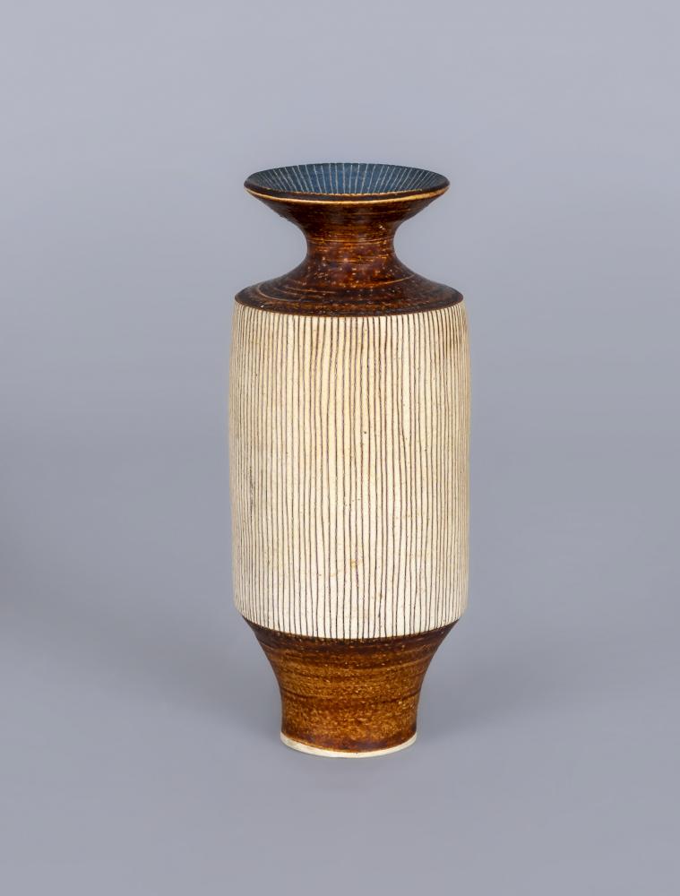 DAME LUCIE RIE DBE (1902-1995) A PORCELAIN VASE of cylindrical section with waisted neck and flared Image