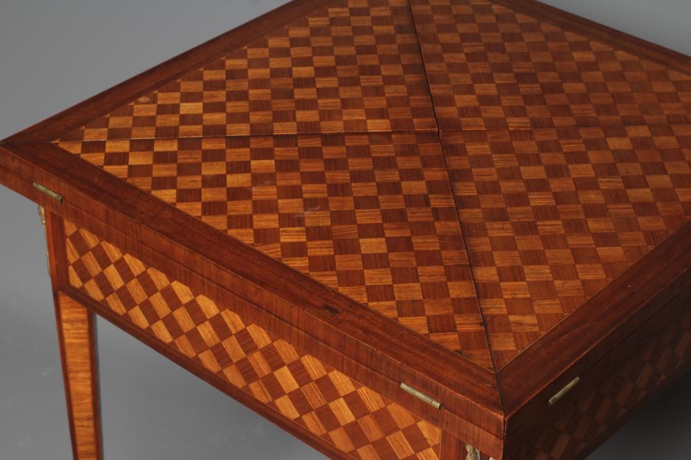 A LOUIS XVI STYLE MAHOGANY AND PARQUETRY ENVELOPE CARD TABLE Image