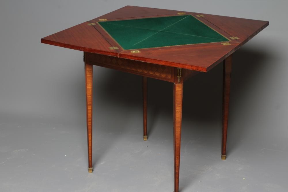 A LOUIS XVI STYLE MAHOGANY AND PARQUETRY ENVELOPE CARD TABLE Image