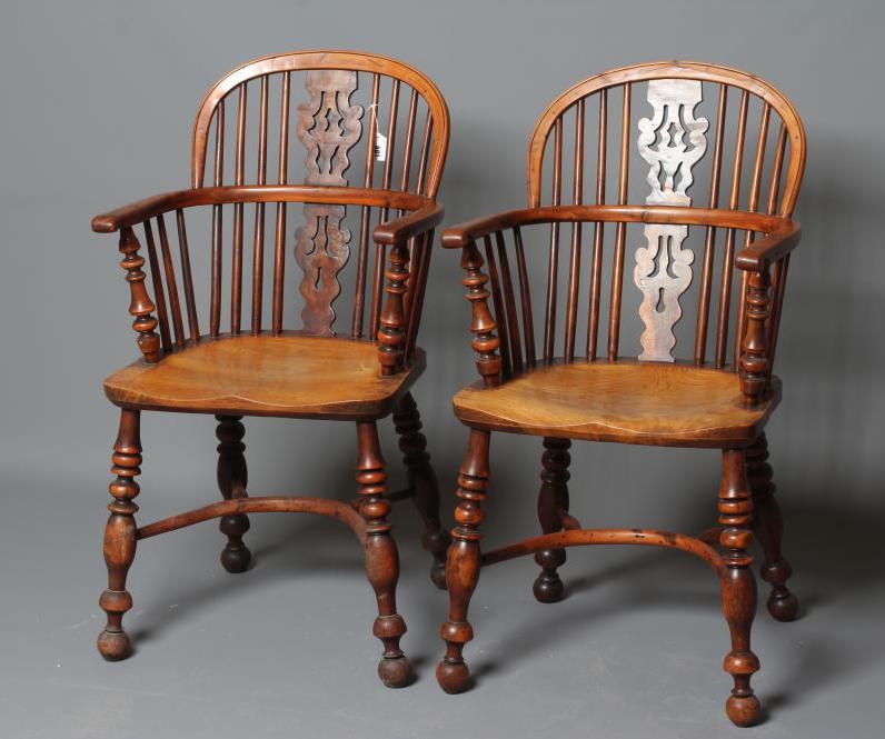 A PAIR OF SPLAT BACK YEW WINDSOR ARMCHAIRS Image