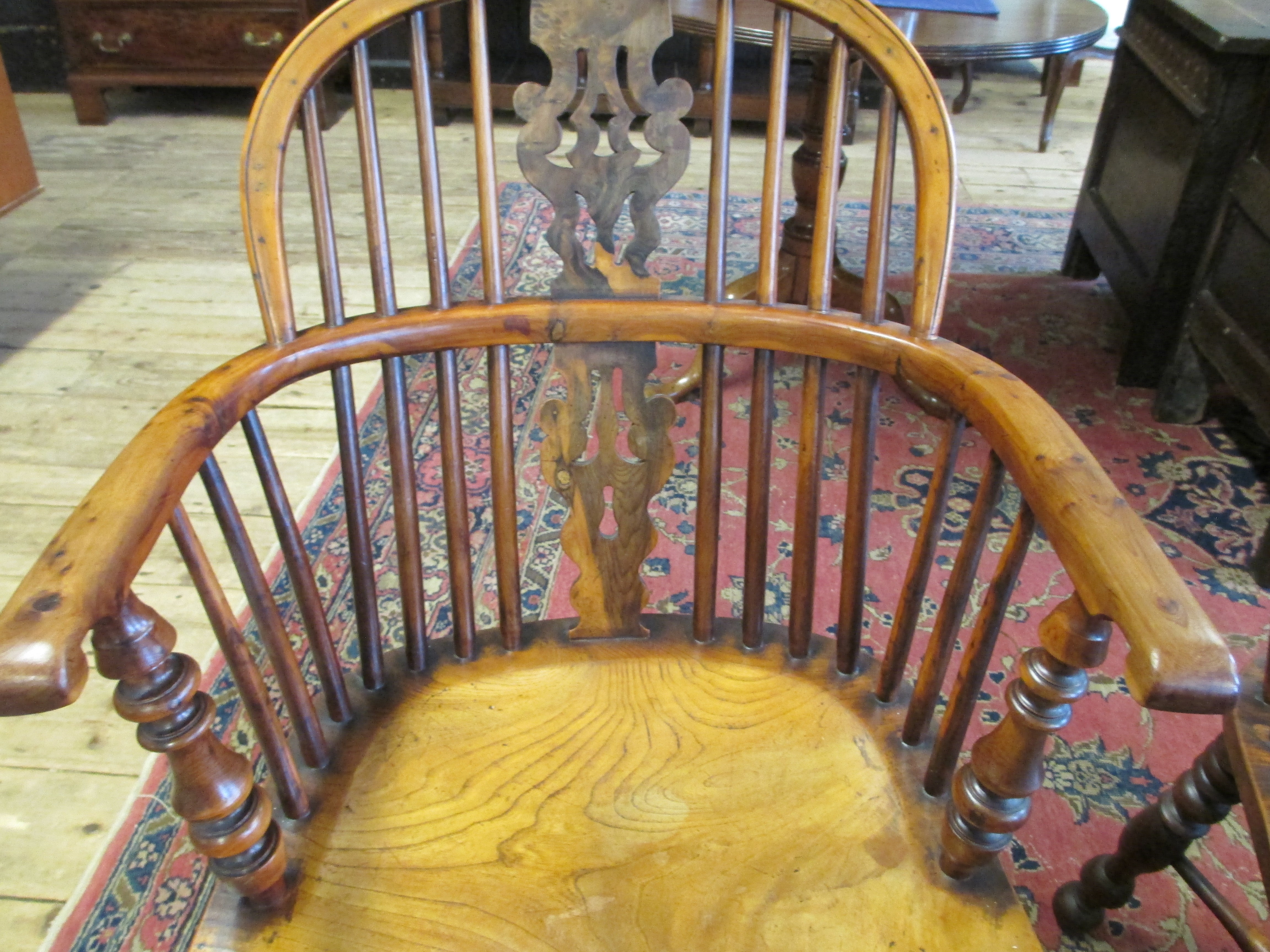 A PAIR OF SPLAT BACK YEW WINDSOR ARMCHAIRS Image