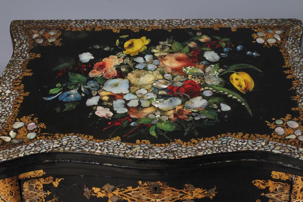 A VICTORIAN PAPIER MACHE WORK/GAMES TABLE Image