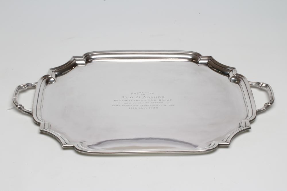 A SILVER TWO HANDLED TEA TRAY Image