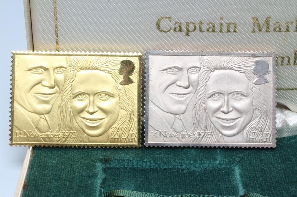 A 22CT GOLD AND SILVER REPLICA STAMP SET to commemorate the wedding of HRH Princess Anne ... 1973 Image