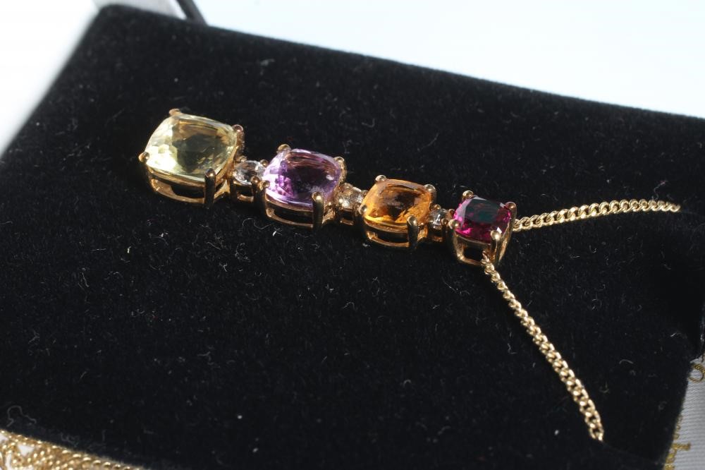 A MULTI GEM PENDANT AND MATCHING DROP STUD EARRINGS Image