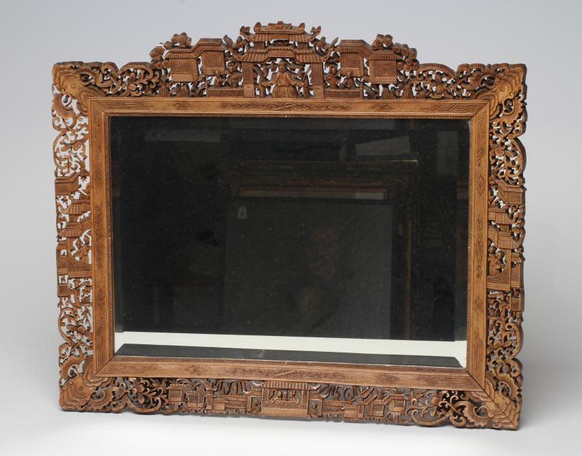 A CHINESE CANTON SANDALWOOD FRET MIRROR Image