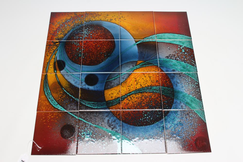 A TILE PANEL designed and painted by Alan Clarke and Janice Tchalenko in ochre Image
