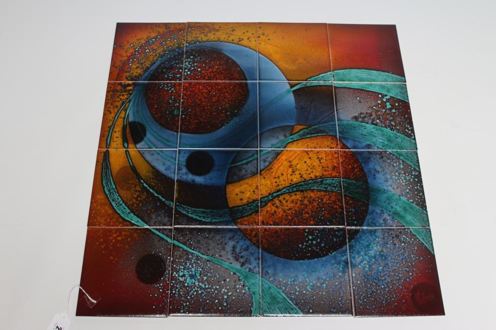 A TILE PANEL designed and painted by Alan Clarke and Janice Tchalenko in ochre Image