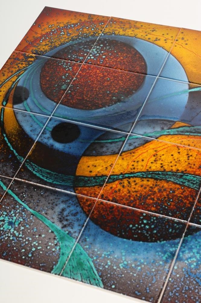 A TILE PANEL designed and painted by Alan Clarke and Janice Tchalenko in ochre Image