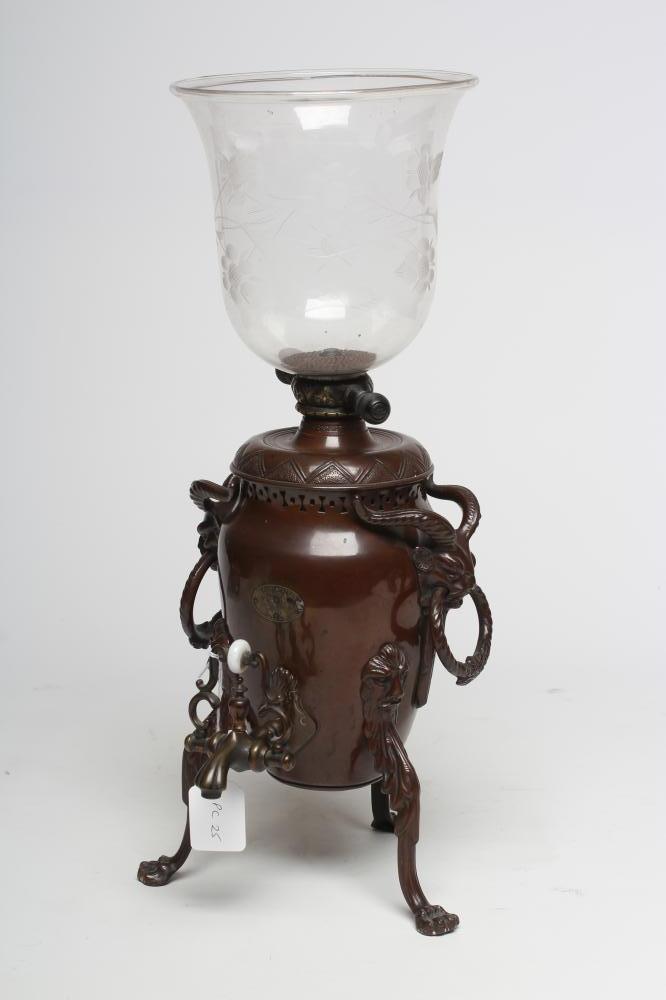 A VICTORIAN PLATOWS PATENT AUTOMATON BRONZED METAL COFFEE PERCULATOR Image