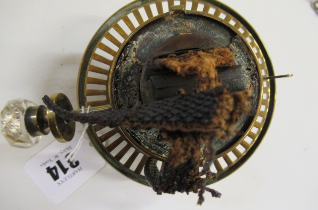 A VICTORIAN BRASS AND GLASS PATENT OIL LAMP of cylindrical form Image