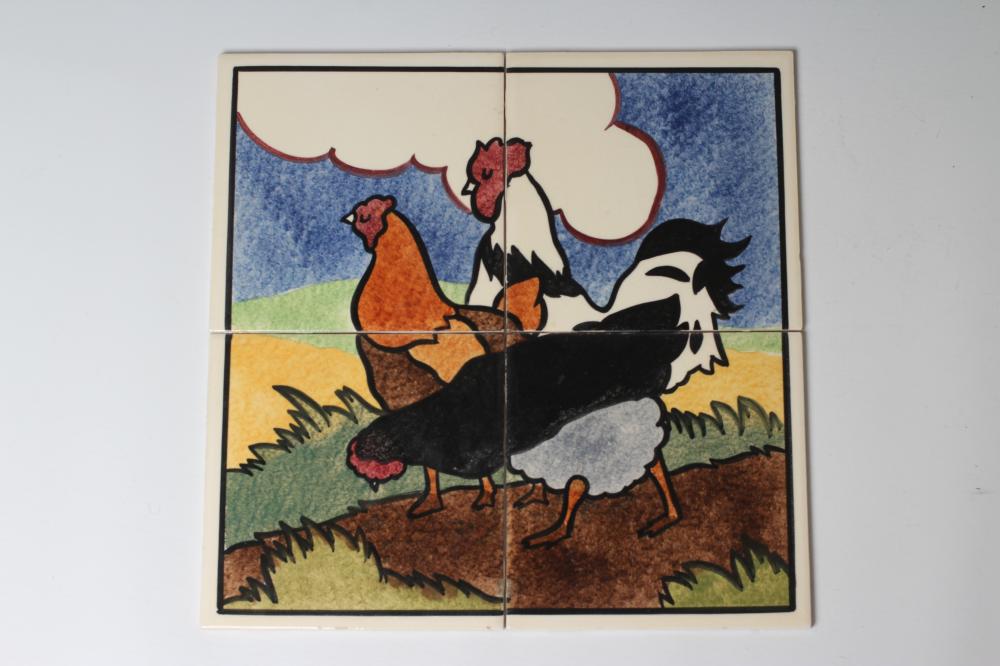 A CARTER'S POOLE POTTERY "FARMYARD SERIES" TILE PANEL - "COCKEREL AND HENS" - stencilled with a Image