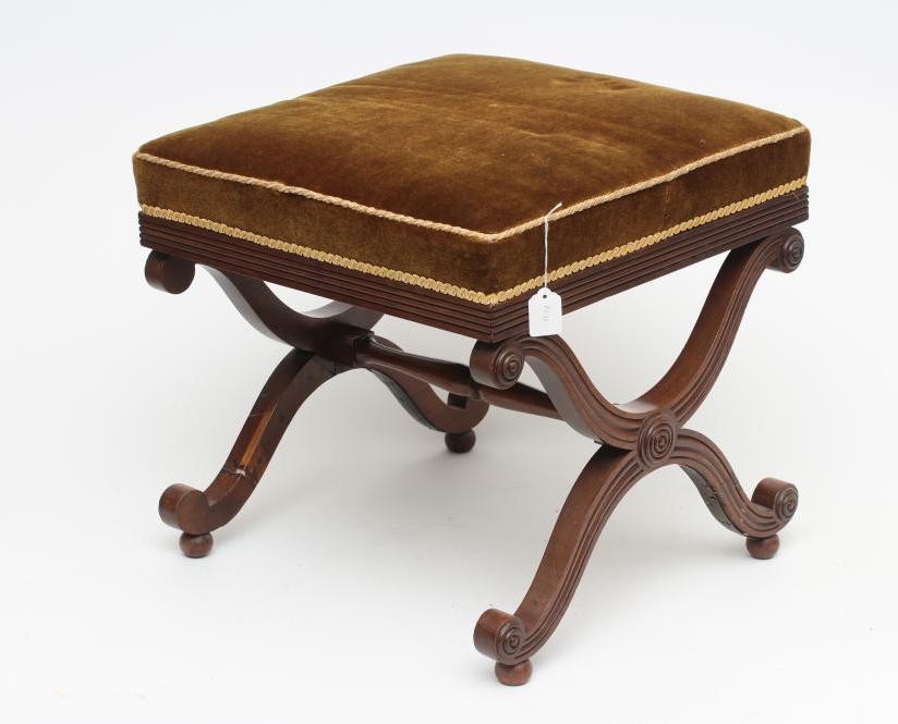 A REGENCY MAHOGANY X FRAMED STOOL of square form Image