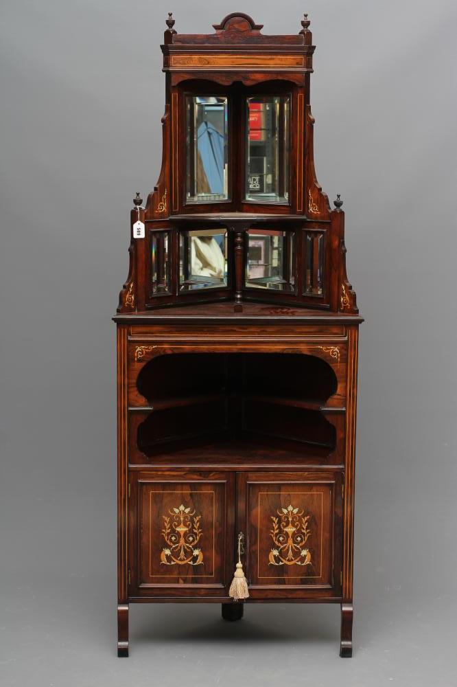 A LATE VICTORIAN ROSEWOOD AND MARQUETRY DISPLAY CORNER CUPBOARD Image