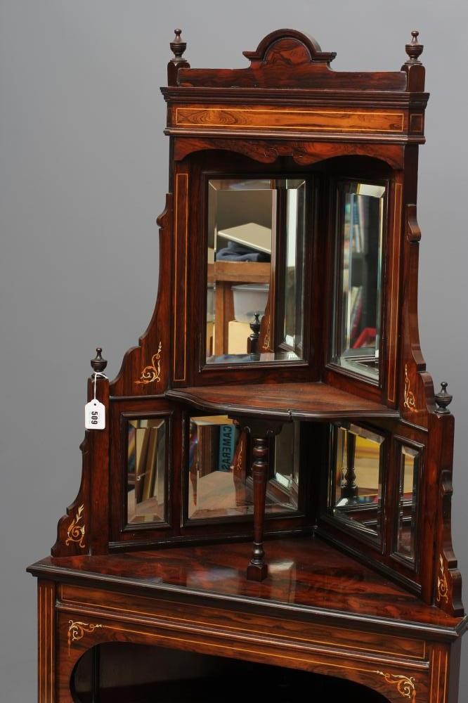 A LATE VICTORIAN ROSEWOOD AND MARQUETRY DISPLAY CORNER CUPBOARD Image