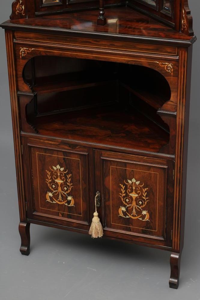 A LATE VICTORIAN ROSEWOOD AND MARQUETRY DISPLAY CORNER CUPBOARD Image