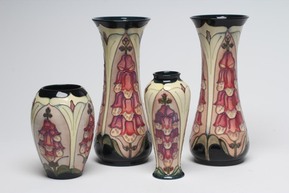 FOUR MOORCROFT FOXGLOVE VASES designed by Rachel Bishop Image