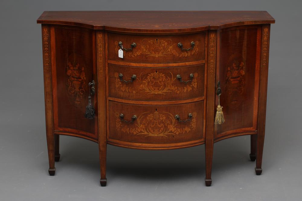 AN EDWARDIAN MAHOGANY AND MARQUETRY SIDE CABINET stamped Edwards & Roberts Image