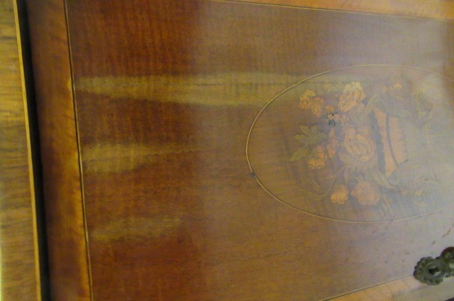 AN EDWARDIAN MAHOGANY AND MARQUETRY SIDE CABINET stamped Edwards & Roberts Image