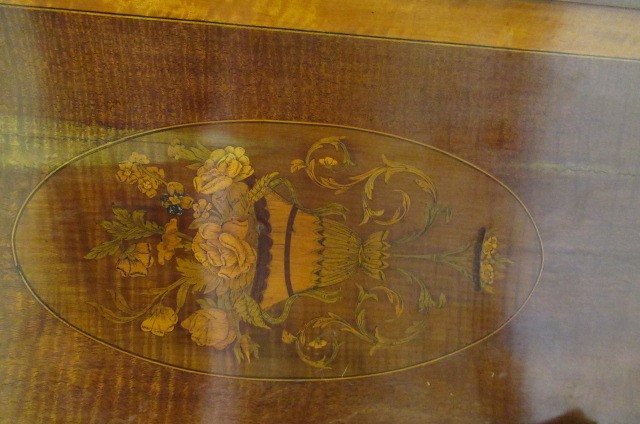 AN EDWARDIAN MAHOGANY AND MARQUETRY SIDE CABINET stamped Edwards & Roberts Image