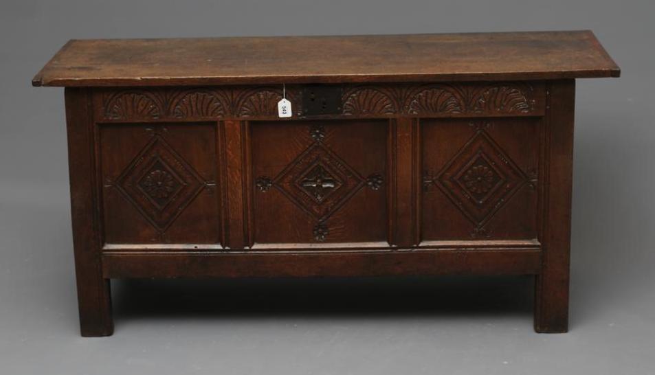 AN OAK PANELLED COFFER Image