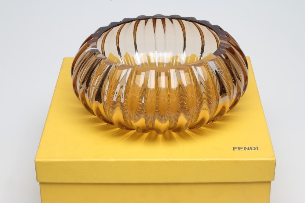VETRO ARTISTICO MURANO FOR FENDI - a smoked amber glass bowl of fluted squat form deeply engraved Image