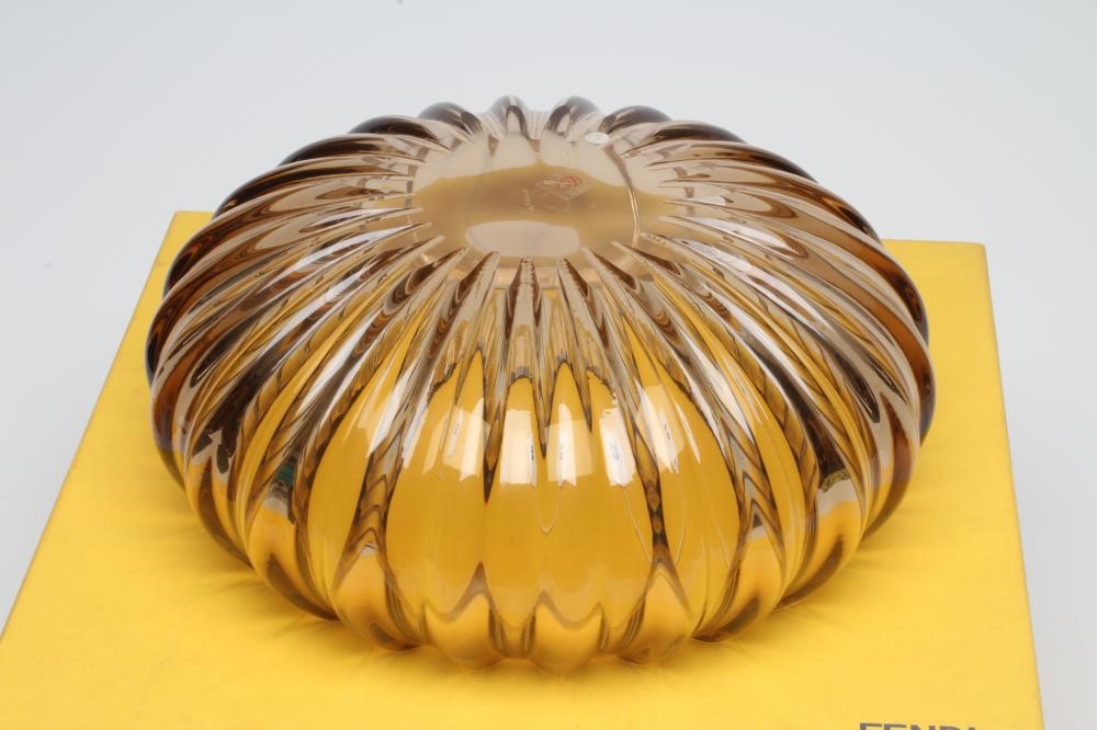 VETRO ARTISTICO MURANO FOR FENDI - a smoked amber glass bowl of fluted squat form deeply engraved Image