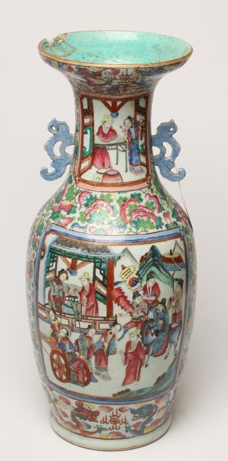 A CANTONESE PORCELAIN VASE of baluster form with open scroll flat handles Image