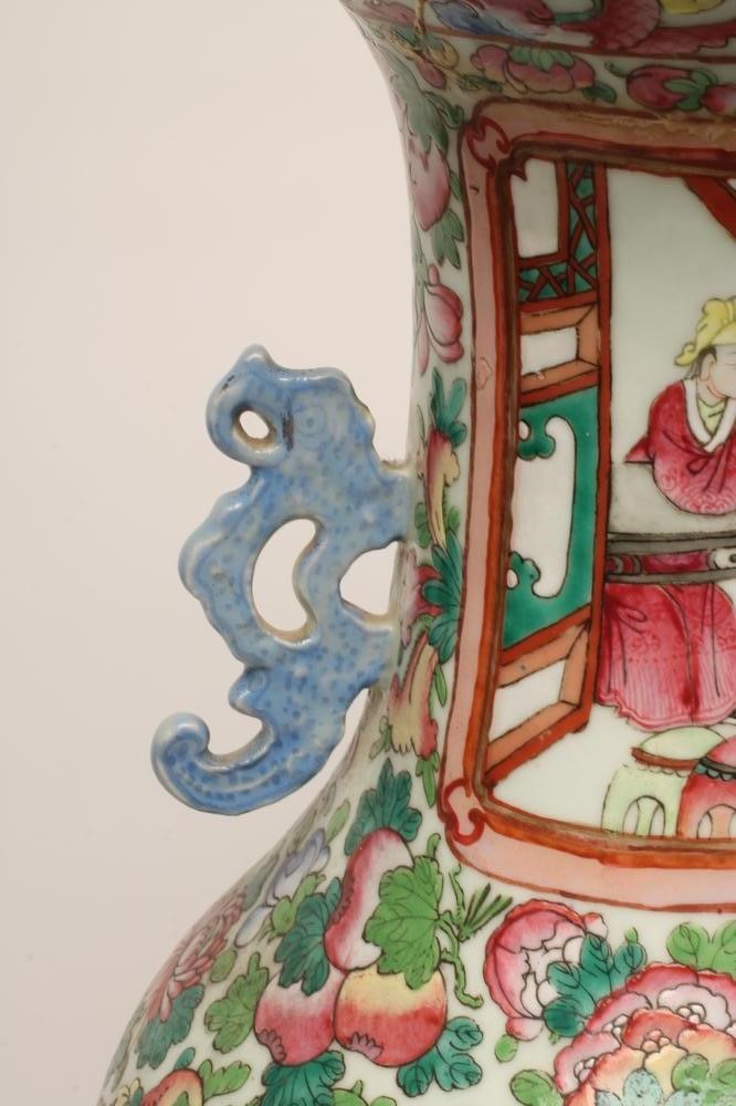A CANTONESE PORCELAIN VASE of baluster form with open scroll flat handles Image