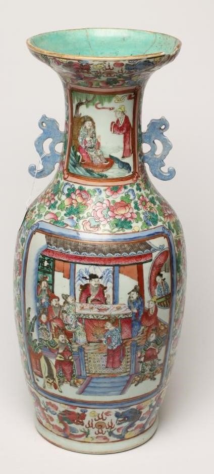 A CANTONESE PORCELAIN VASE of baluster form with open scroll flat handles Image