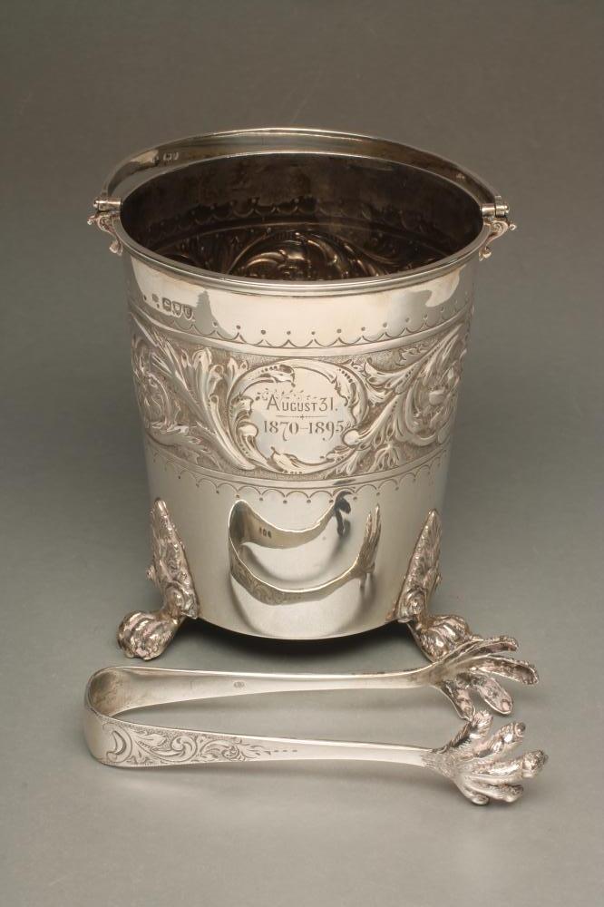 A LATE VICTORIAN SILVER ICE BUCKET WITH MATCHING TONGS AND LINER Image
