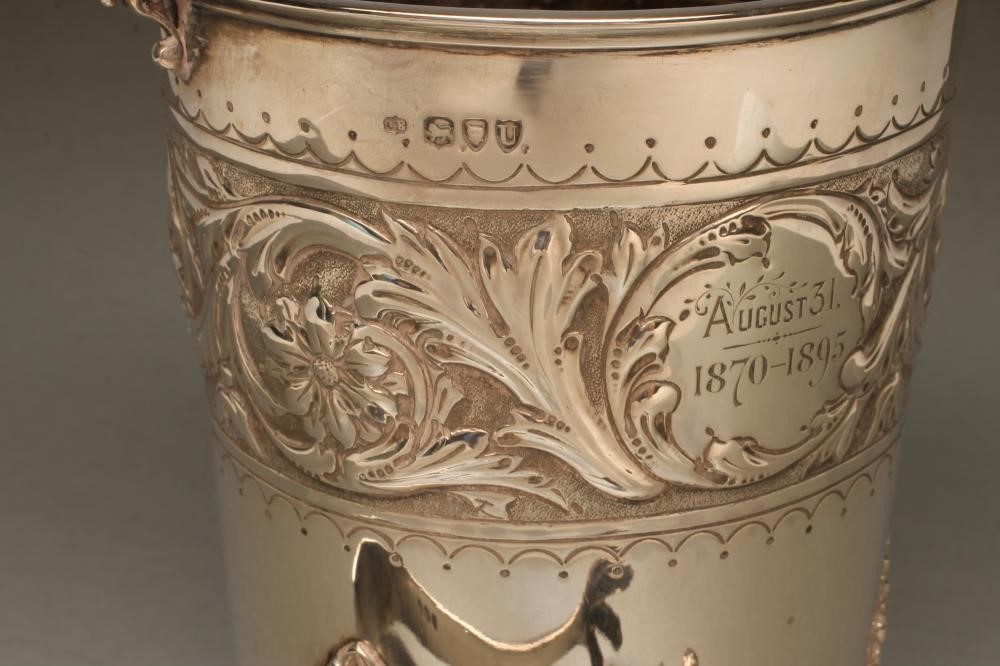 A LATE VICTORIAN SILVER ICE BUCKET WITH MATCHING TONGS AND LINER Image
