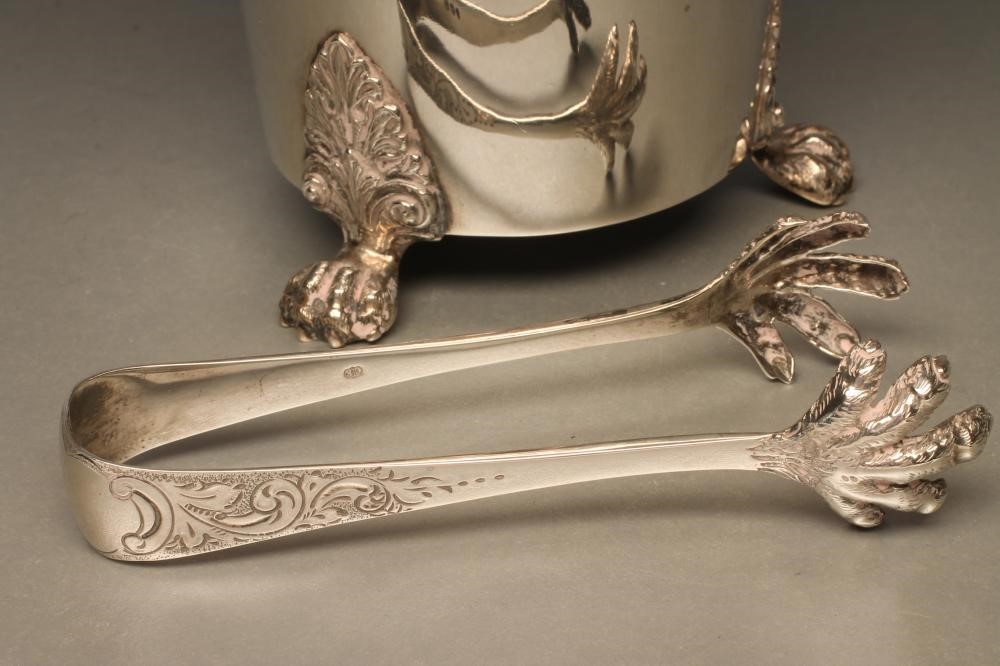 A LATE VICTORIAN SILVER ICE BUCKET WITH MATCHING TONGS AND LINER Image