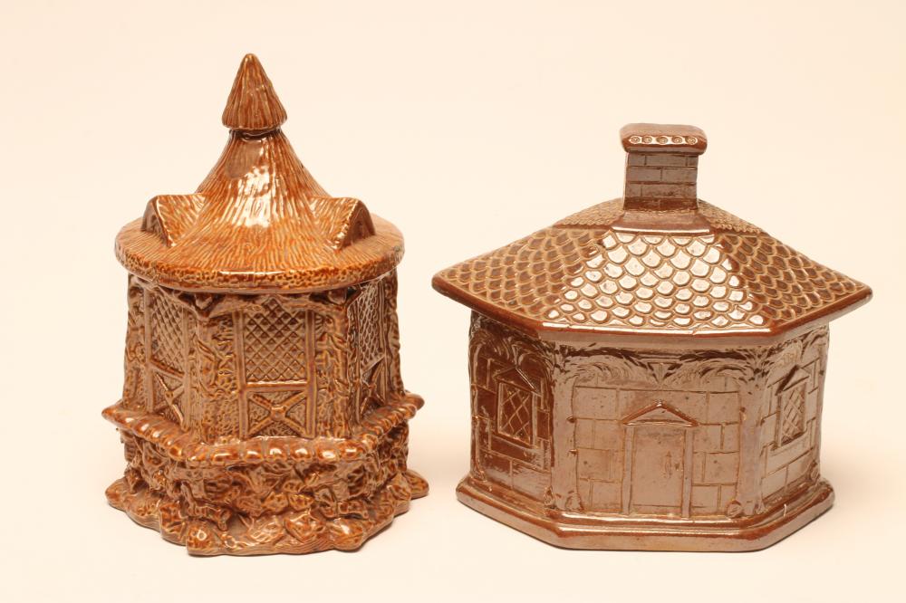 TWO MID VICTORIAN BRAMPTON SALTGLAZE STONEWARE TOBACCO BOXES AND COVERS Image