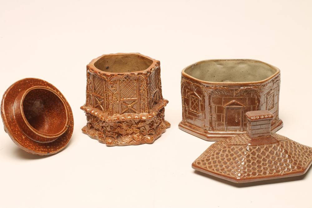 TWO MID VICTORIAN BRAMPTON SALTGLAZE STONEWARE TOBACCO BOXES AND COVERS Image
