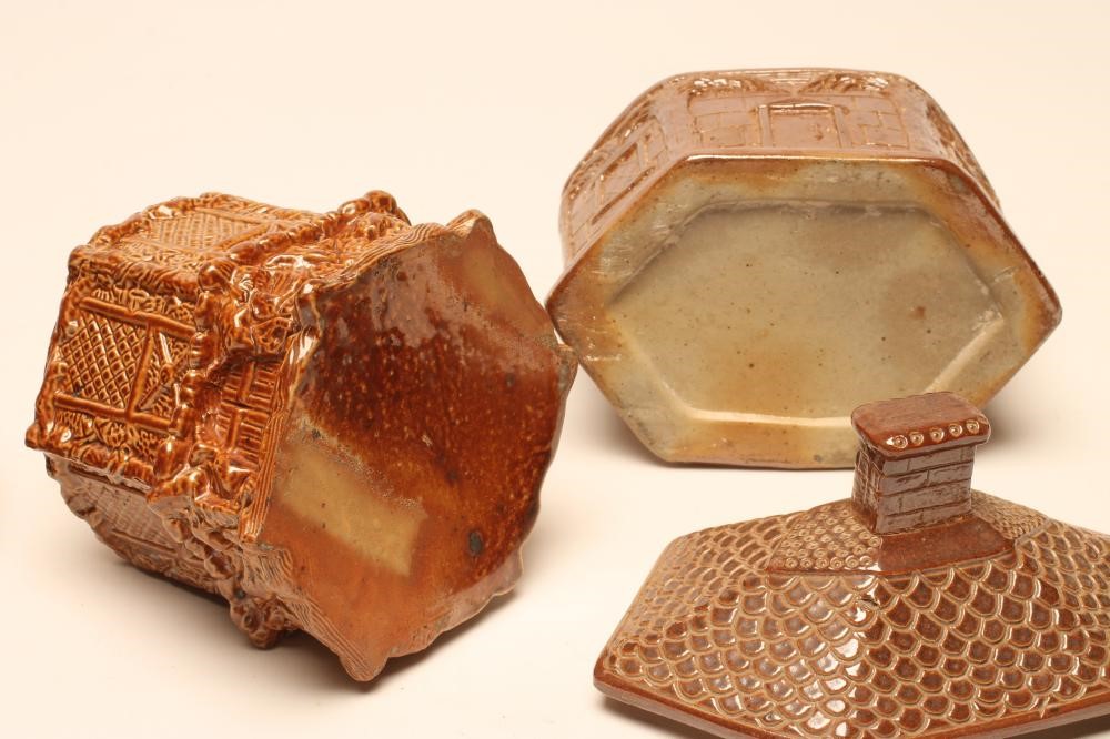 TWO MID VICTORIAN BRAMPTON SALTGLAZE STONEWARE TOBACCO BOXES AND COVERS Image