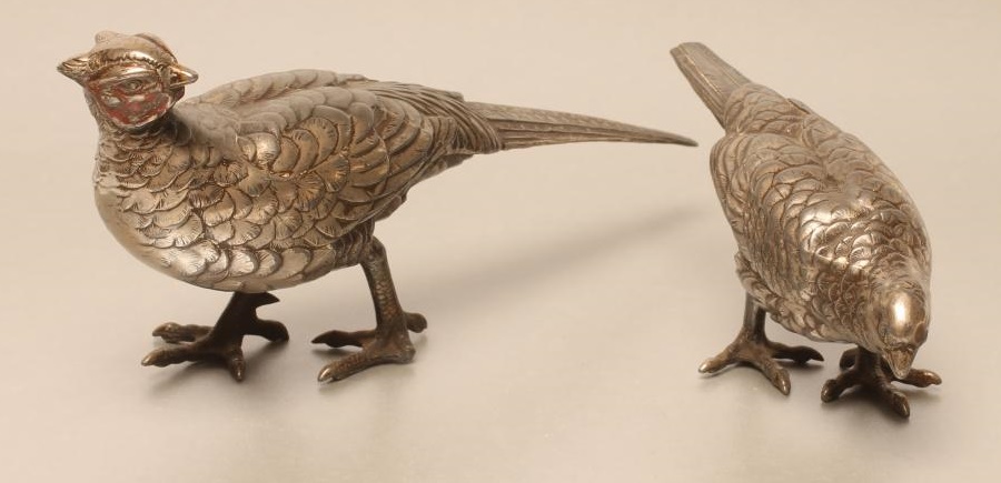 A PAIR OF CHINESE HOLLOW CAST PEWTER PHEASANTS Image