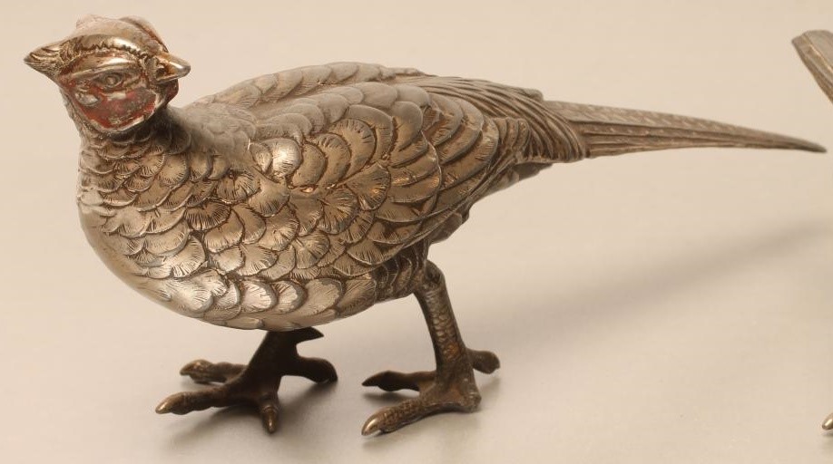 A PAIR OF CHINESE HOLLOW CAST PEWTER PHEASANTS Image
