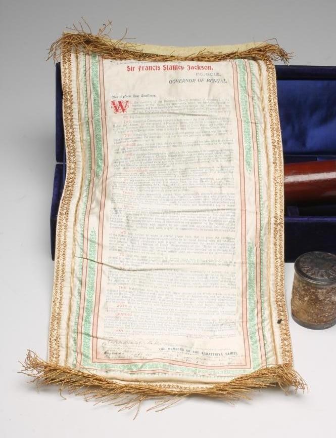A CREAM SILK PRINTED "WELCOMING" SCROLL from the "Members of the Kshattriya Samiti" Image