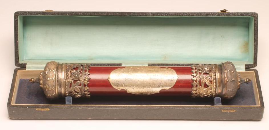 A CREAM SILK PRINTED "FAREWELL" SCROLL from the "Members of the District Board of Dacca" Image