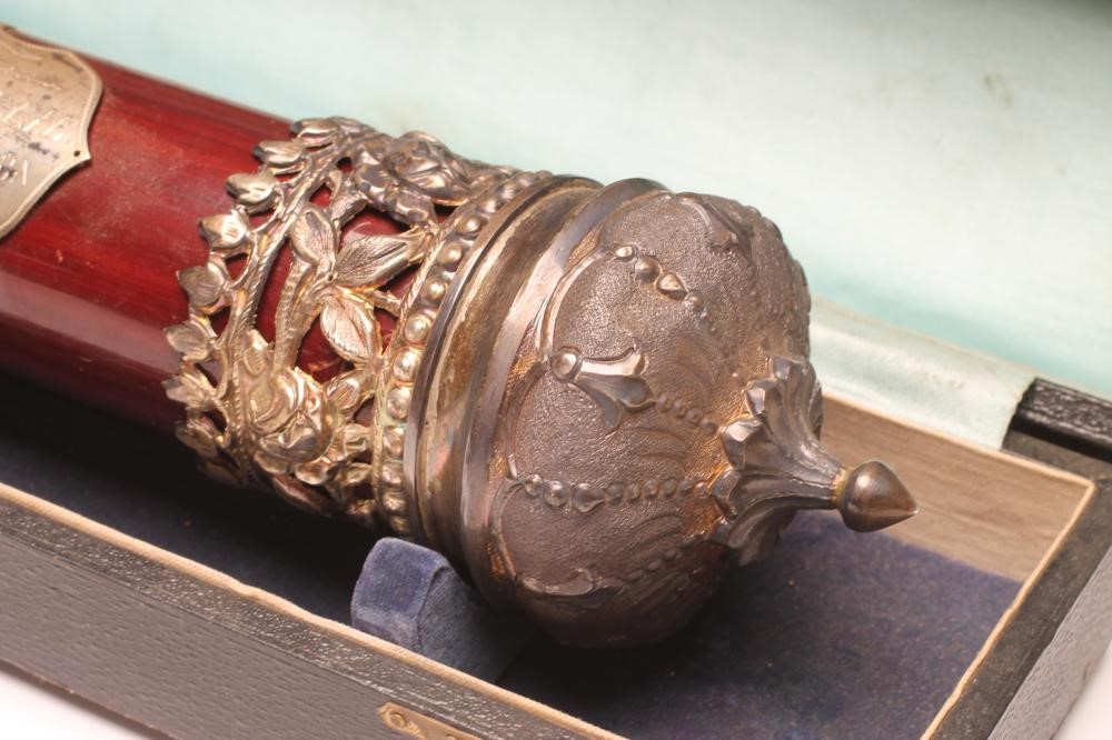 A CREAM SILK PRINTED "FAREWELL" SCROLL from the "Members of the District Board of Dacca" Image