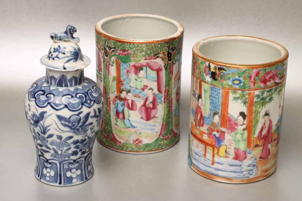 TWO SIMILAR CANTONESE PORCELAIN VASES of plain cylindrical form Image