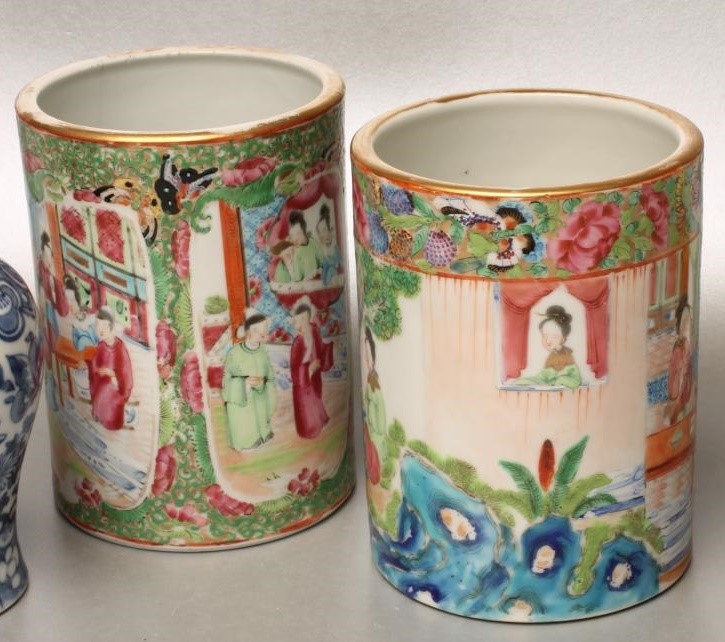 TWO SIMILAR CANTONESE PORCELAIN VASES of plain cylindrical form Image