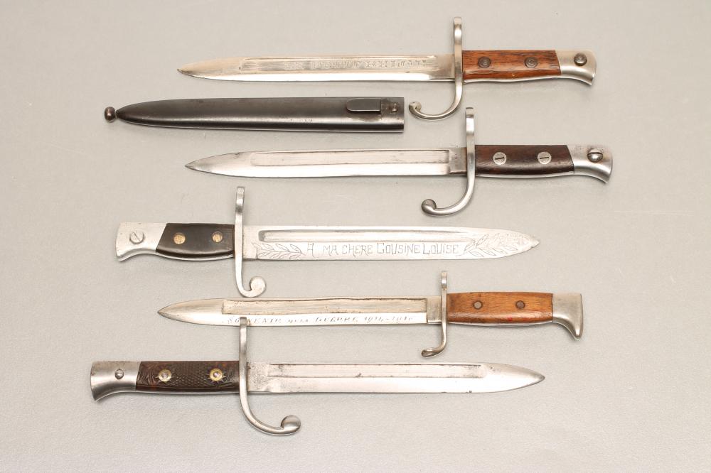 FIVE WWI BELGIAN MINIATURE SOUVENIR BAYONETS Image