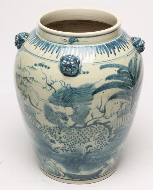 A LARGE CHINESE PROVINCIAL PORCELAIN JAR of ovoid form with four moulded and applied masks to the Image