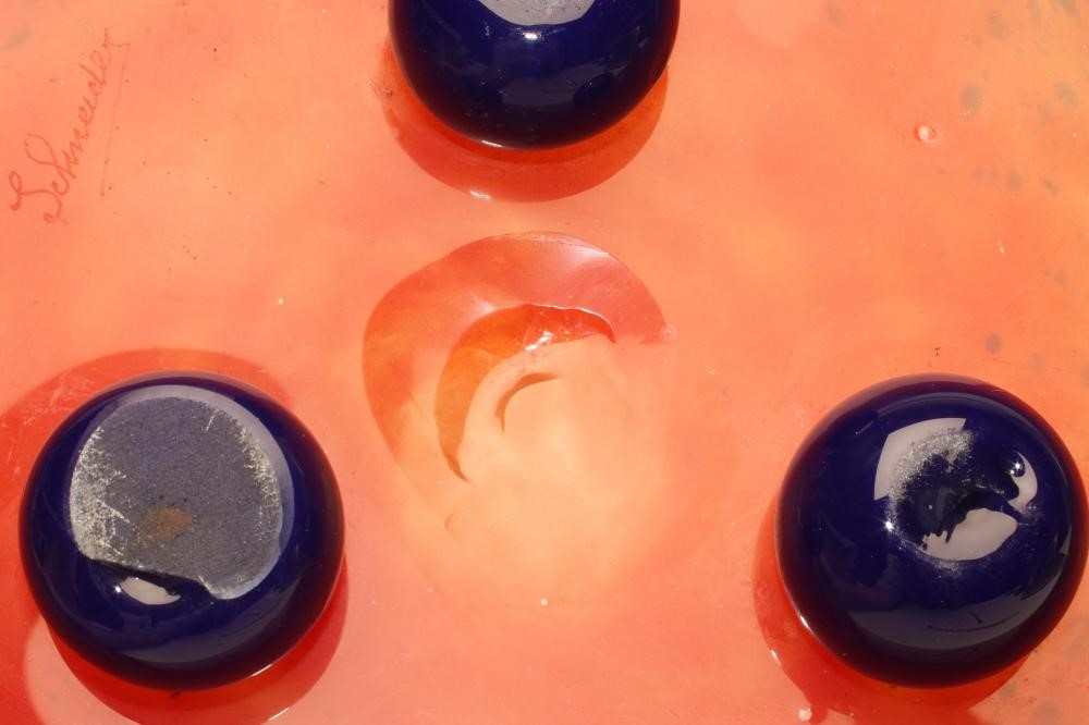AN ART DECO SCHNEIDER GLASS SHALLOW DISH of rounded triangular form in orange shading to mottled Image