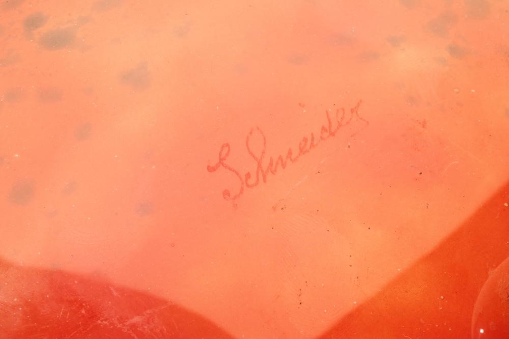 AN ART DECO SCHNEIDER GLASS SHALLOW DISH of rounded triangular form in orange shading to mottled Image