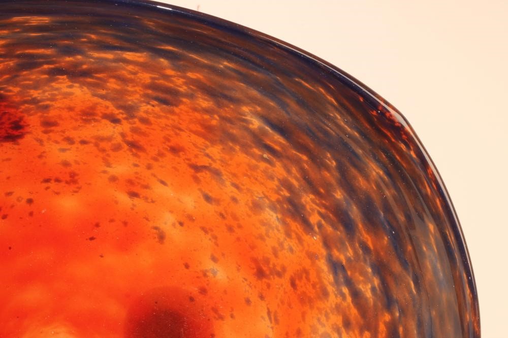 AN ART DECO SCHNEIDER GLASS SHALLOW DISH of rounded triangular form in orange shading to mottled Image