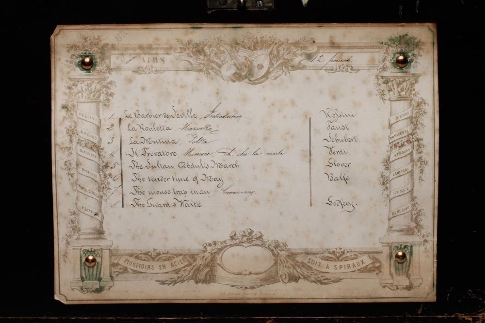 A SWISS MUSICAL BOX playing eight classical airs as listed on the tune sheet Image