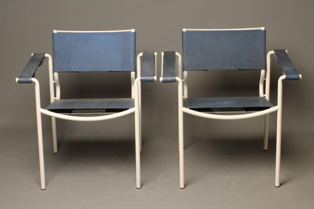 A PAIR OF ITALIAN SLING RETRO SLING CHAIRS in blue rubber and white painted tubular metal Image
